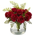 Nearly Natural 1366-RD Rose & Maiden Hair Arrangement With Vase 14 x 14 inch, Red
