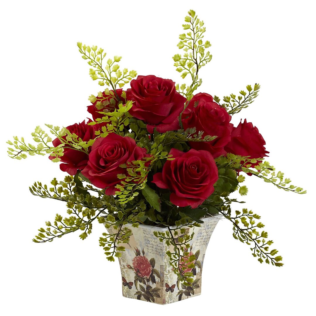 Nearly Natural 1379 Rd Maiden Hair With Floral Planter Red