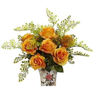 Nearly Natural 1379-OY Maiden Hair with Floral Planter, Orange & Yellow