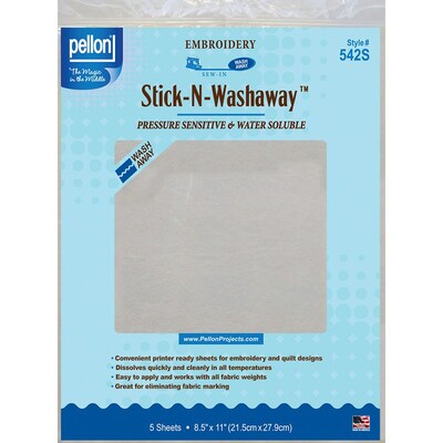 Pellon 542S White Stick-N-Washaway Embroidery Stabilizer, 5/Pack