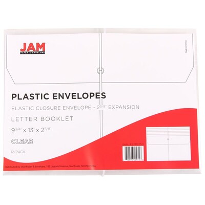 JAM Paper® Plastic Envelopes with Elastic Band Closure, 9.75 x 13 with 2.625 Inch Expansion, Clear, 12/Pack (218E25CLB)