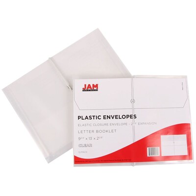 JAM Paper® Plastic Envelopes with Elastic Band Closure, 9.75 x 13 with 2.625 Inch Expansion, Clear, 12/Pack (218E25CLB)