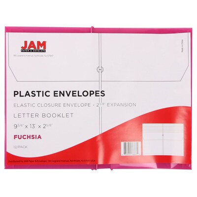 JAM Paper® Plastic Envelopes with 2 5/8 Exp, Elastic Closure, Letter Booklet, 9.75 x 13, Fuchsia Pink Poly, 12/pack (218E25FUB)