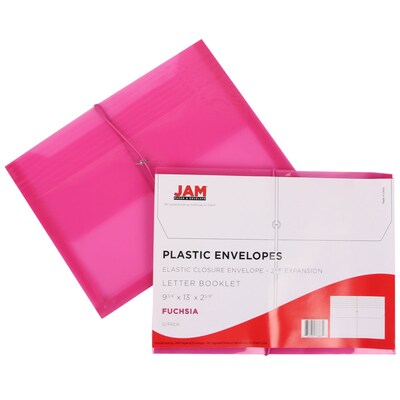 JAM Paper® Plastic Envelopes with 2 5/8 Exp, Elastic Closure, Letter Booklet, 9.75 x 13, Fuchsia Pink Poly, 12/pack (218E25FUB)