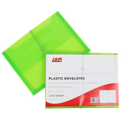 JAM Paper® Plastic Envelopes with 2 5/8 Expansion, Elastic Closure, Letter Booklet, 9.75x13, Lime Gr