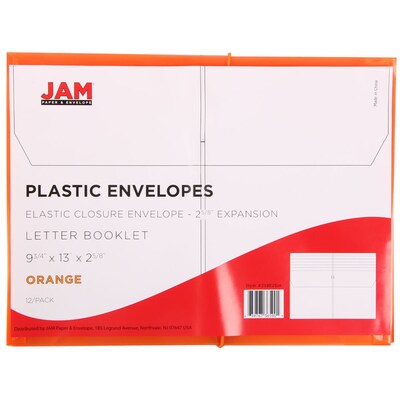 JAM Paper® Plastic Envelopes with Elastic Band Closure, 9.75 x 13 with 2.625 Inch Expansion, Orange, 12/Pack (218E25ORB)