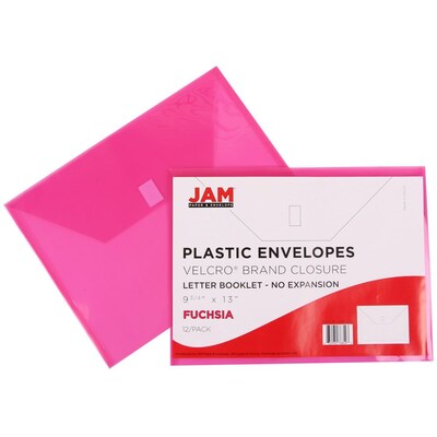 JAM Paper® Plastic Envelopes with Hook & Loop Closure, Letter Booklet, 9.75" x 13", Fuchsia Pink Poly, 12/Pack (218V0FU)