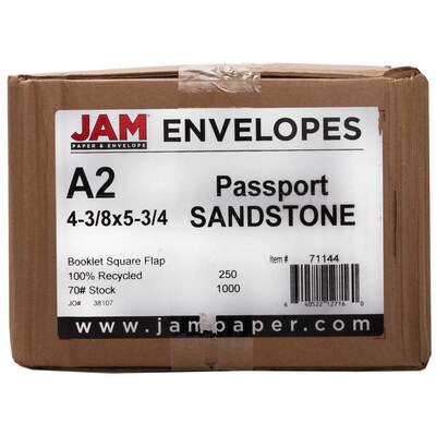 JAM Paper® A2 Passport Invitation Envelopes, 4.375 x 5.75, Sandstone Brown Recycled, Bulk 250/Box (71144H)