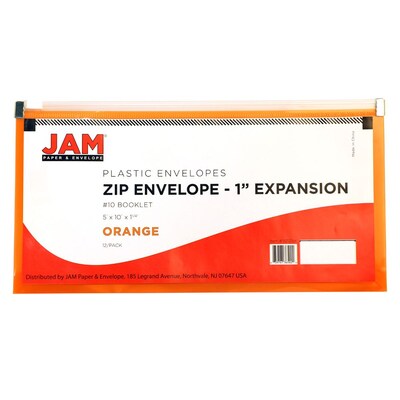 JAM Paper® #10 Plastic Envelopes with Zip Closure, 5 x 10, Orange Poly, 12/pack (921Z1OR)