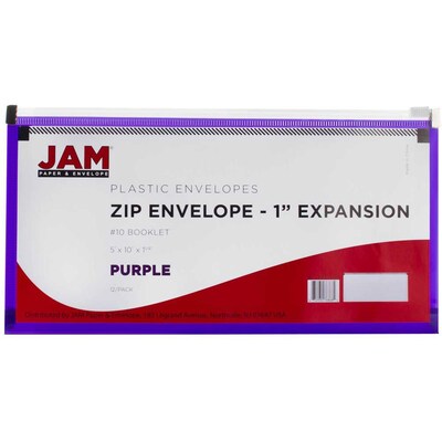 JAM Paper® #10 Plastic Envelopes with Zip Closure, 5 x 10, Purple Poly, 12/pack (921Z1PU)