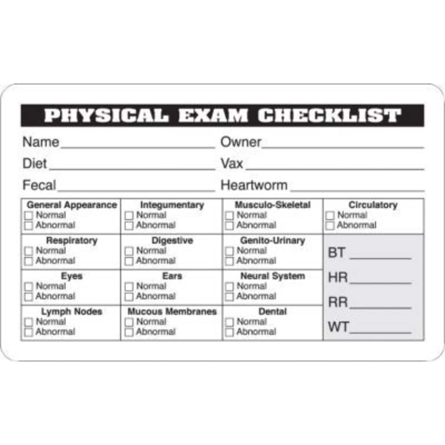 Veterinary Examination Medical Labels, Physical Exam Checklist, White, 2.5 x 4 inch, 100 Labels