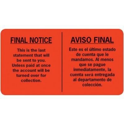 English/Spanish Collection Pre-Printed Labels, Final Notice, 1.75 x 3.25 inch, 500 Labels