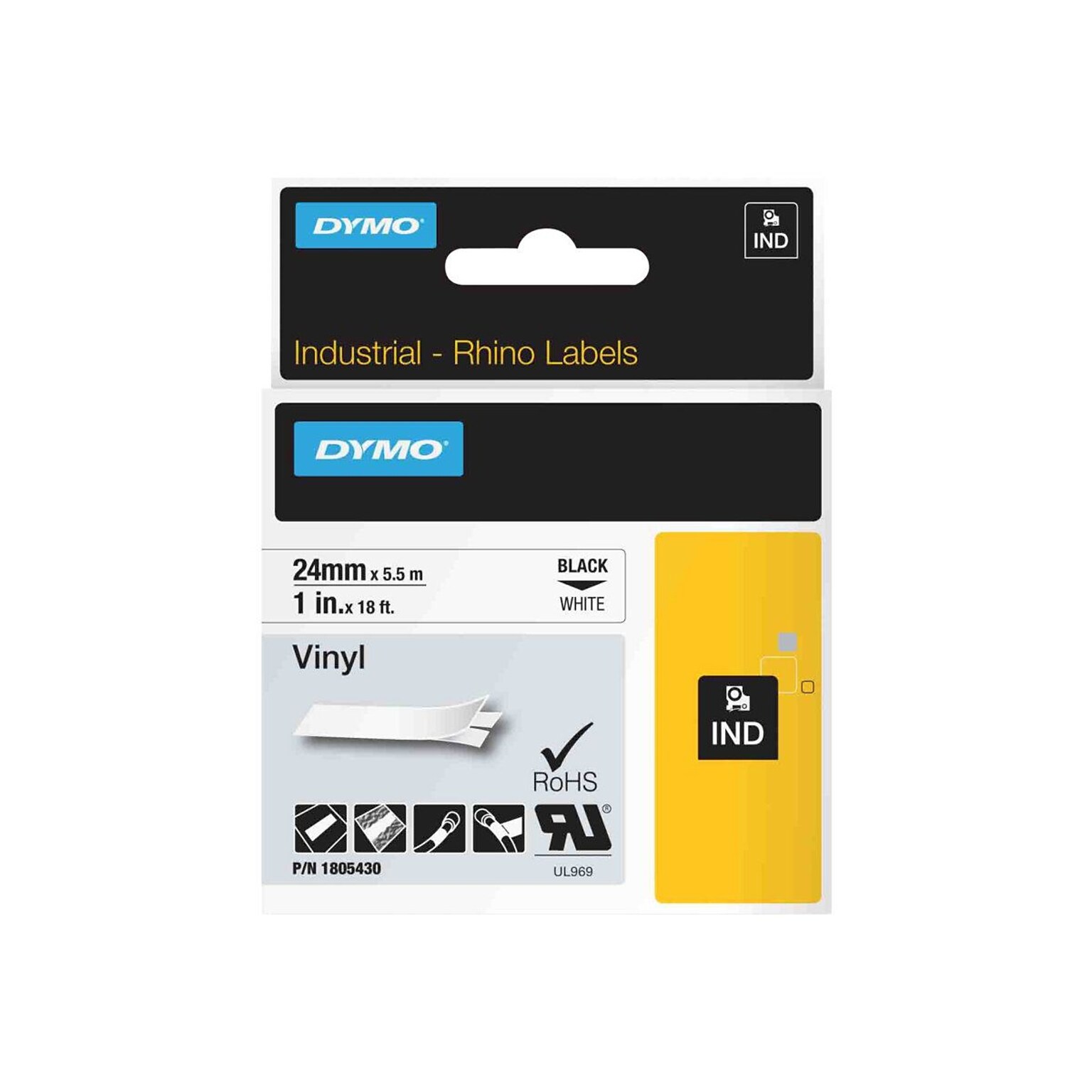Dymo® Rhino 1805430 1 Color Coded Vinyl Label Tape; Black On White