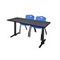 Regency Seating Cain 60 x 24 Training Table, Grey & 2 M Stack Chairs, Blue (MTRCT6024GY47BE)