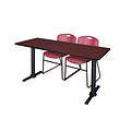Regency Cain 72x24 Training Table in Mahogany w/2 Zeng Stack Chairs in Burgundy (MTRCT7224MH44BY)