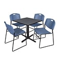 Regency Cain 30 Square Break Room Table, Gray and 4 Zeng Stack Chairs, Blue (TB3030GY44BE)