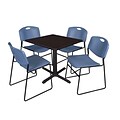 Regency Cain 30 Square Break Room Table, Mocha Walnut and 4 Zeng Stack Chairs, Blue (TB3030MW44BE)