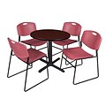 Regency 30-inch Laminate Round Table with 4 Zeng Stack Chairs, Mahogany & Burgundy