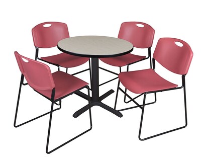 Regency Cain 30 Round Break Room Table, Maple and 4 Zeng Stack Chairs, Burgundy (TB30RNDPL44BY)