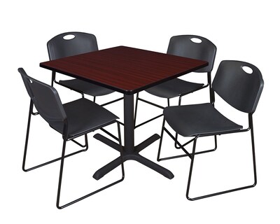 Regency Cain 36 Square Break Room Table, Mahogany and 4 Zeng Stack Chairs, Black (TB3636MH44BK)