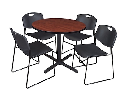Regency Cain 36 Round Breakroom Table in Cherry With 4 Zeng Stack Chairs in Black (TB36RNDCH44BK)