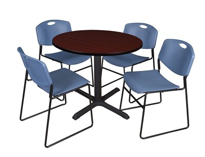 Regency Cain 36 Round Break Room Table Mahogany And 4 Zeng Stack Chairs Blue Tb36rndmh44be