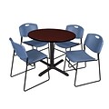 Regency Cain 36 Round Break Room Table, Mahogany and 4 Zeng Stack Chairs, Blue (TB36RNDMH44BE)
