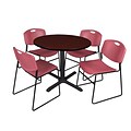 Regency Cain 36 Round Break Room Table, Mahogany and 4 Zeng Stack Chairs, Burgundy (TB36RNDMH44BY)