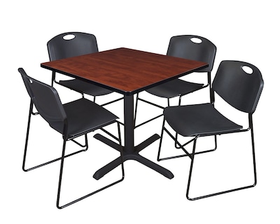 Regency Cain Breakroom Table, 42W, Cherry & 4 Zeng Stack Chairs, Black (TB4242CH44BK)