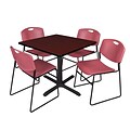 Regency 42-inch Square Table with 4 Zeng Stack Chairs, Mahogany & Burgundy
