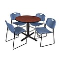Regency 42-inch Round Table with Cain Base & 4 Zeng Stack Chairs, Cherry & Blue