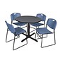 Regency Seating Cain 42" Round Breakroom Table- Grey & 4 Zeng Stack Chairs- Blue