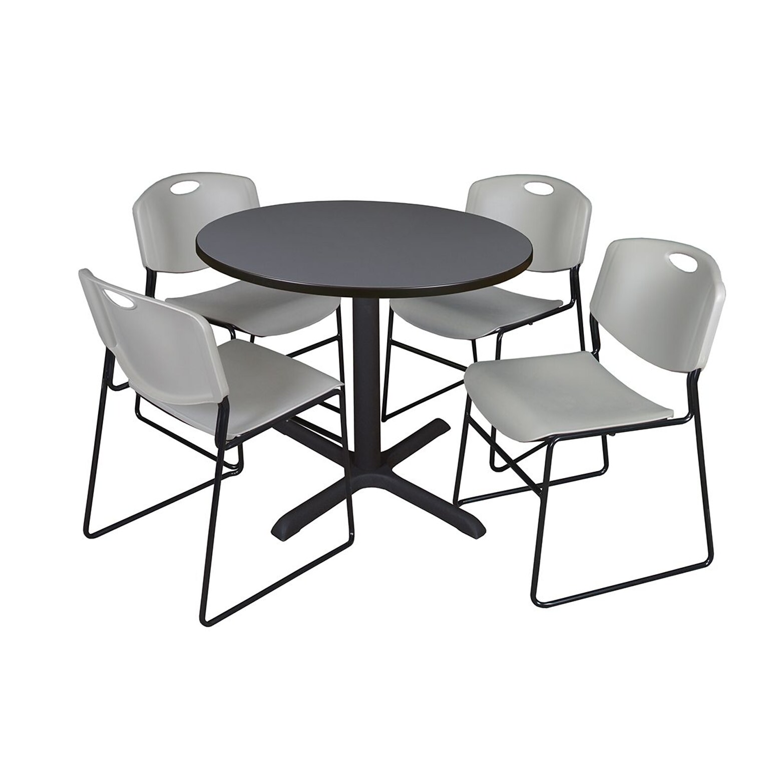 Regency 42 Laminate Round Table with 4 Zeng Stack Chairs, Gray (TB42RNDGY44GY)