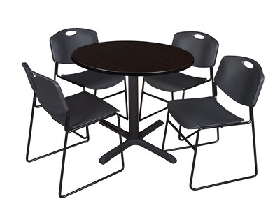 Regency Cain Breakroom Table, 42W, Mocha Walnut & 4 Zeng Stack Chairs, Black (TB42RNDMW44BK)