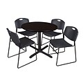 Regency Cain Breakroom Table, 42W, Mocha Walnut & 4 Zeng Stack Chairs, Black (TB42RNDMW44BK)