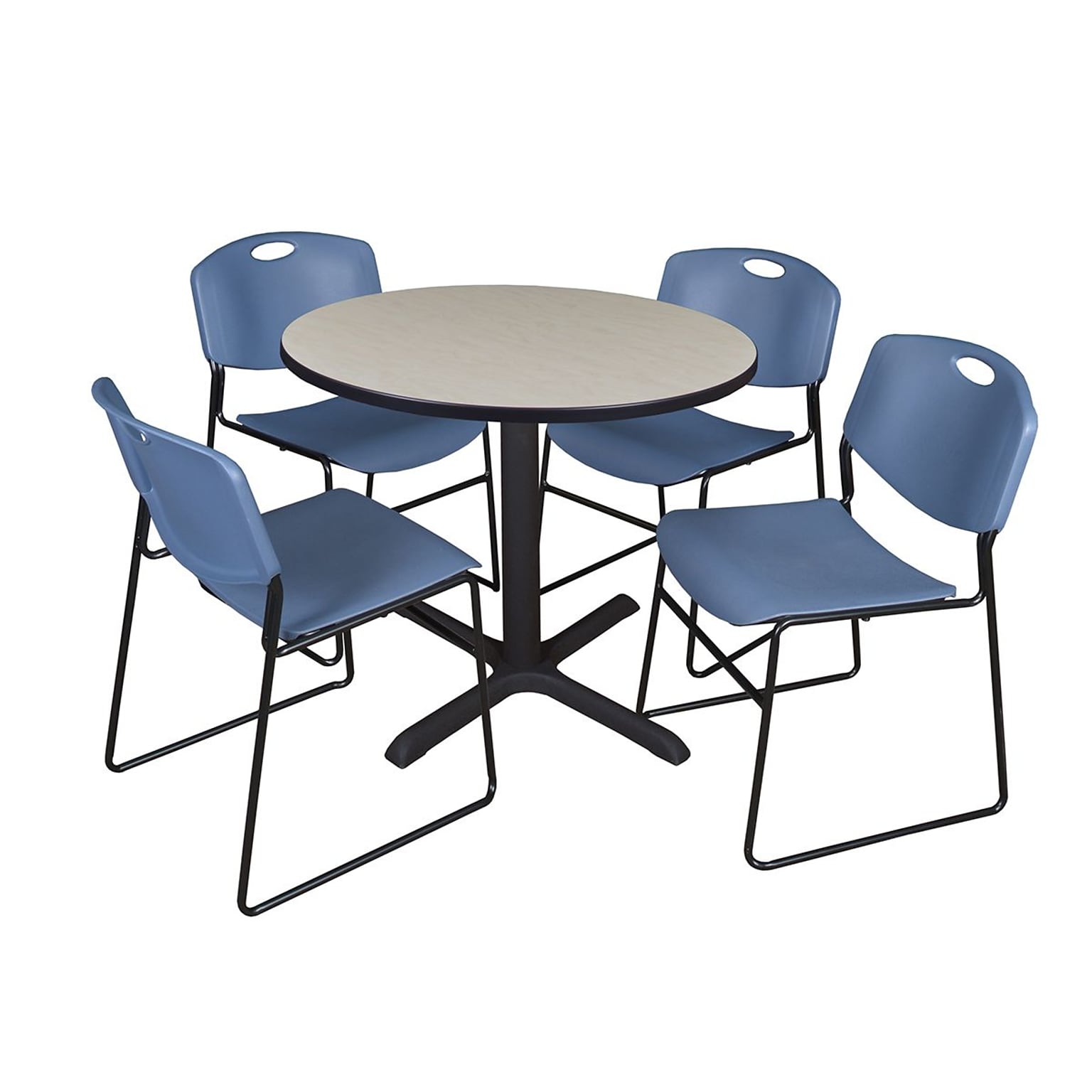 Regency 42 Laminate Round Table with 4 Zeng Stack Chairs, Maple & Blue (TB42RNDPL44BE)