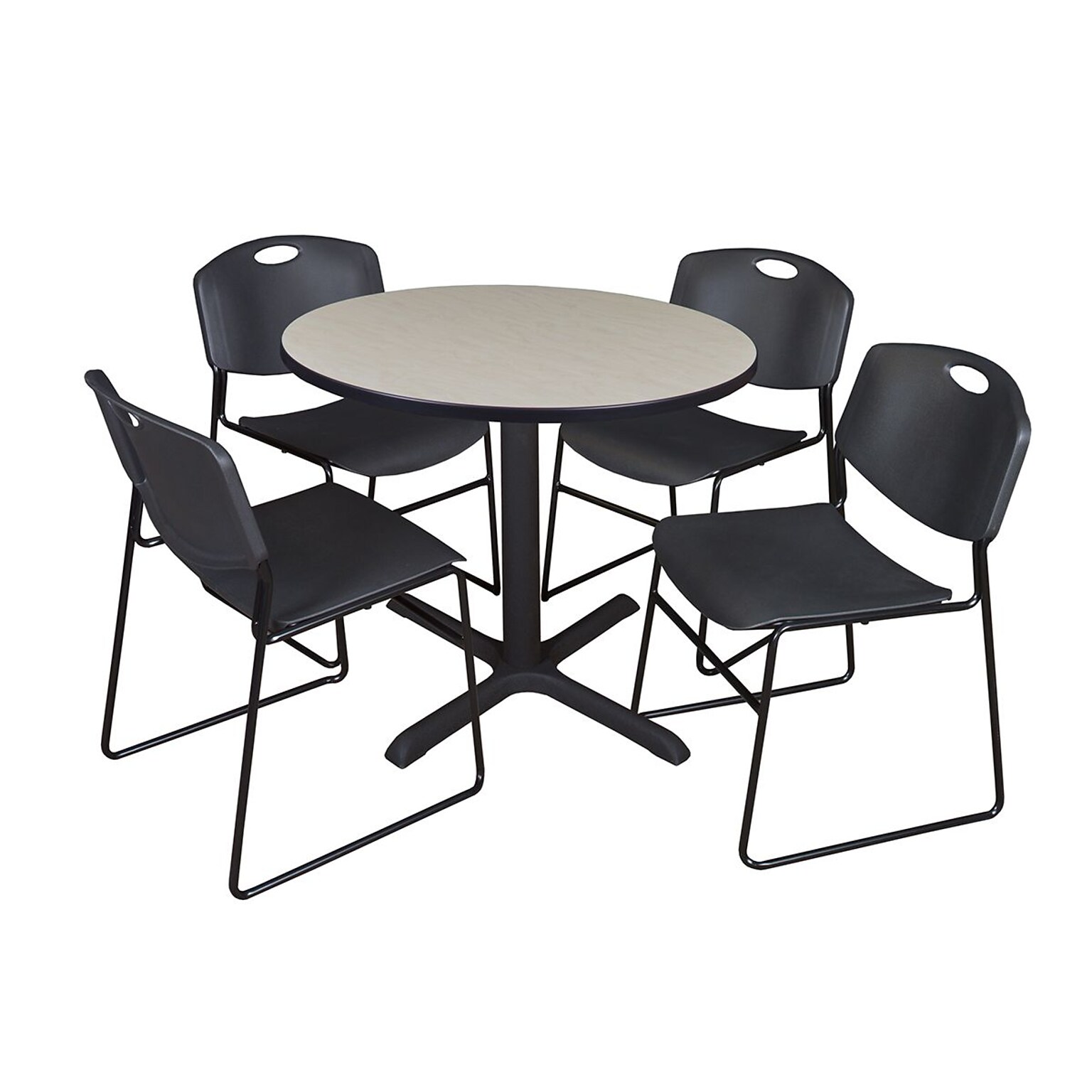 Regency 42 Laminate Round Table with 4 Zeng Stack Chairs, Maple & Black (TB42RNDPL44BK)