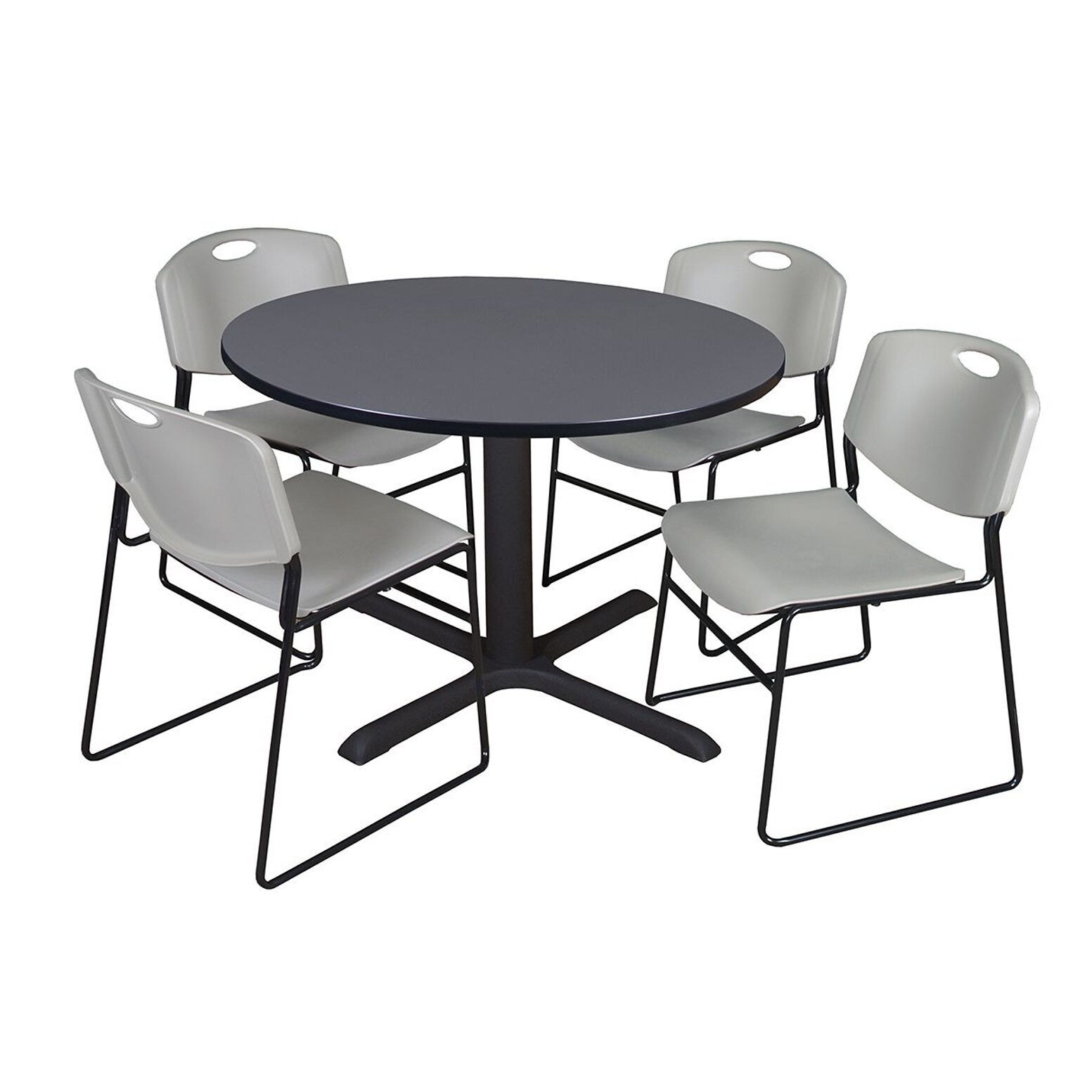 Regency 48 Round Laminate Table with 4 Zeng Stack Chairs, Gray (TB48RNDGY44GY)