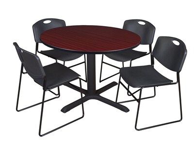 Regency Cain Breakroom Table, 48W, Mahogany & 4 Zeng Stack Chairs, Black (TB48RNDMH44BK)