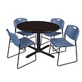 Regency 48-inch Round Mocha Walnut Table with Zeng Stack Chairs, Blue