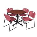 Regency 36-inch Round Laminate Cherry Table With 4 Zeng Stacker Chairs, Burgundy