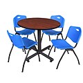 Regency Kobe 36 Round Break Room Table, Cherry and 4 M Stack Chairs, Blue (TKB36RNDCH47BE)