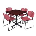 Regency 42-inch Square Laminate Table Mahogany With 4 Zeng Stacker Chairs, Burgundy