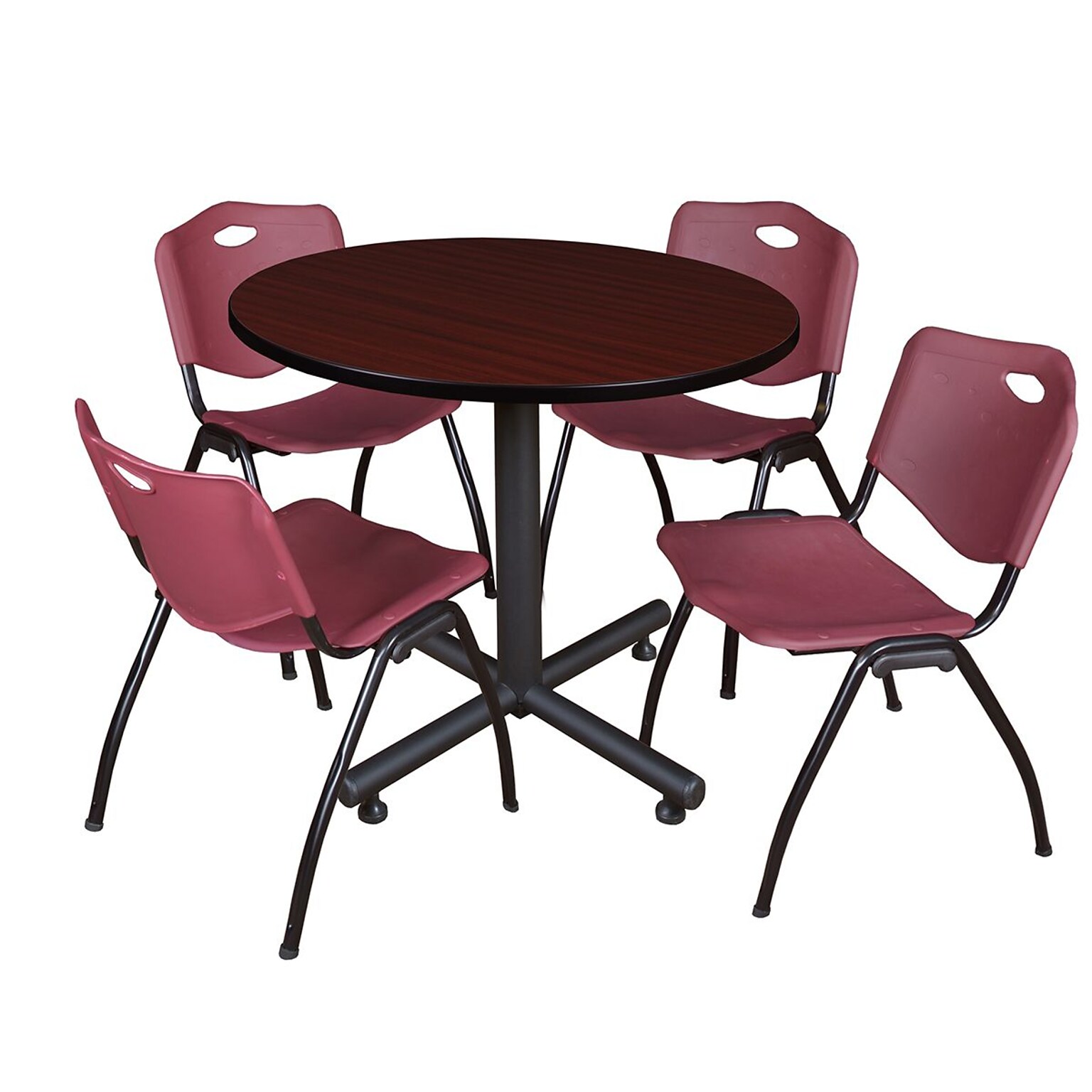 Regency 42-inch Round Laminate Mahogany Training Rooms Table With 4 M Stacker Chairs, Burgundy (TKB42RNDMH47BY)