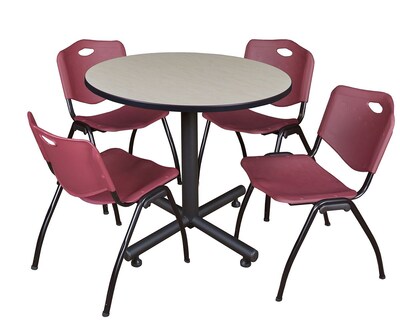 Regency 42-inch Round Laminate Maple Table with 4 M Stacker Chairs, Burgundy (TKB42RNDPL47BY)