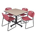 Regency 48-inch Square Laminate Beige Table With 4 Zeng Stacker Chairs, Burgundy