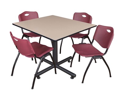 Regency 48-inch Square Laminate Beige Table with 4 M Stacker Chairs, Burgundy