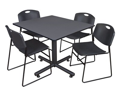 Regency Kobe Breakroom Table, 48W, Gray & 4 Zeng Stack Chairs, Black (TKB4848GY44BK)
