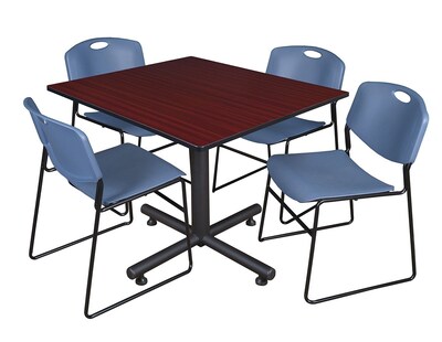 Regency 48-inch Square Mahogany Table with Zeng Stacker Chairs, Blue