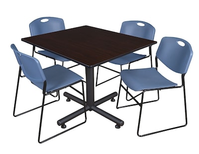 Regency 48-inch Square Mocha Walnut Table with Zeng Stacker Chairs, Blue